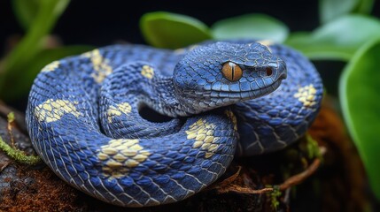 Blue viper, rainforest, coiled, alert, foliage, jungle, reptile, wildlife, nature, photography