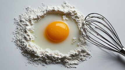 Egg yolk in flour nest, whisk, baking prep, white background, recipe illustration
