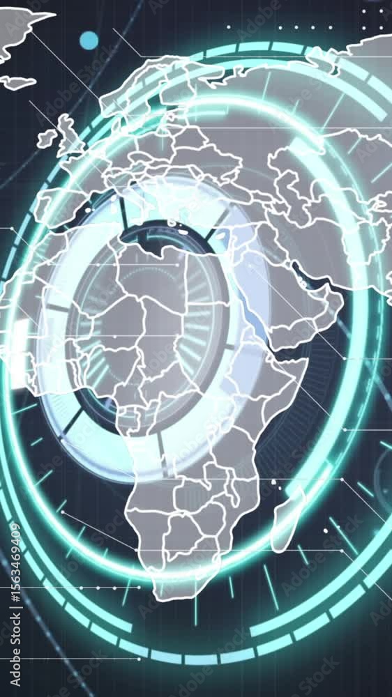 Poster animation of neon round scanner and network of connections against light spot over world map
