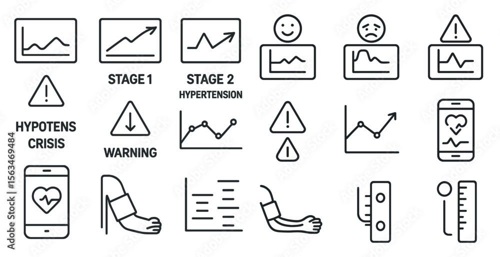 Poster series of icons representing different stages of hypertension. each stage is marked with a different
