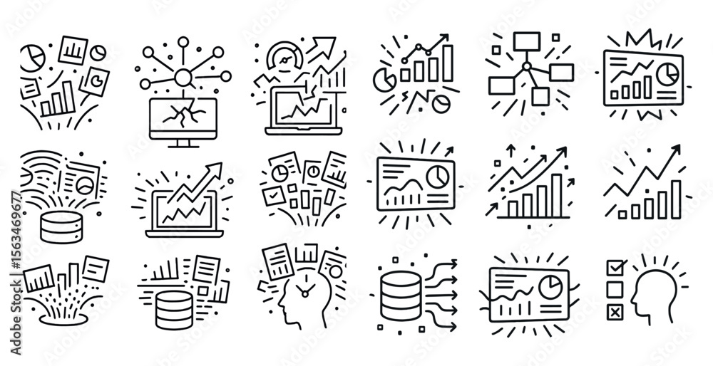 Poster series of graphs and charts are shown in a line drawing style. the images include a clock, a person,