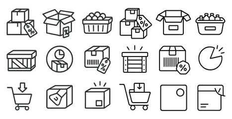 Set of icons for shopping and shipping. The icons include boxes, shopping carts, and shopping bags