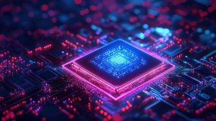 Neon-lit CPU glowing on circuit board, digital background, tech illustration