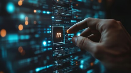 API (Application Programming Interface) concept, man touching virtual screen with API icon for software development tools