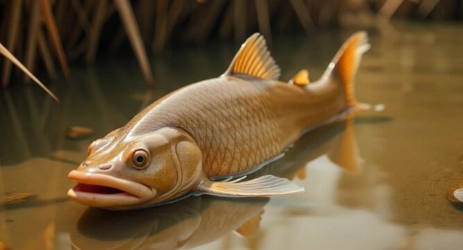 Wildlife 4K video of Lungfish resting calmly on riverbed Ultra HD nature footage for meditation, focus, and educational purposes

