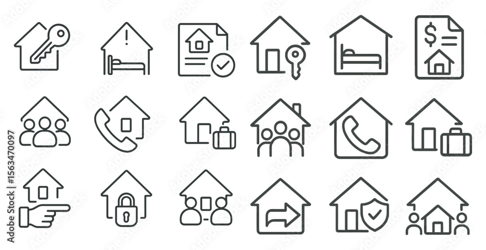 Poster set of house icons with a key, phone, and suitcase. the icons are all in a line and are all differen