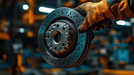 Worker holding brake rotor, factory background, automotive manufacturing, industrial production