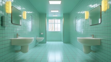 Mint green public restroom, sinks, bidets, window, winter trees, clean design, commercial use