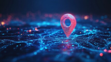 Glowing location pin on digital city map, network background, navigation
