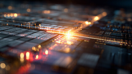Abstract layered digital processor glowing brightly