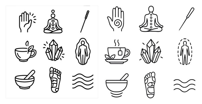 Set of icons for various activities and objects related to health and wellness. These icons include a person meditating, a person doing yoga, a person using a foot massager