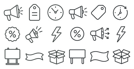 Collection of symbols and icons, including a clock, a box, and a sign, are arranged in a grid
