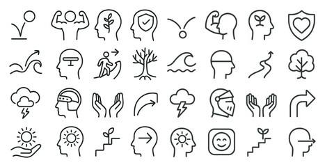 Collection of icons that represent different emotions and concepts. Some of the icons include a person with a heart, a tree, a cloud, and a person with hands