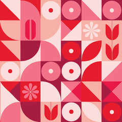 Contemporary seamless pattern with simple geometric shapes in pink and red colors. Stylish abstract background in Scandinavian style for print, design, fabric. Vector illustration