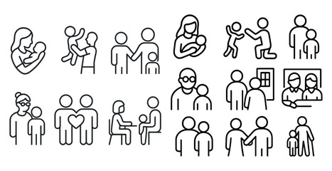 Series of black and white icons depicting people in various situations, including a mother holding a baby, a father holding a child, and a man and woman talking. Scene is warm and friendly