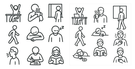Fototapeta premium Series of black and white drawings of people doing various activities. The drawings include a man sitting at a desk, a woman reading a book, a man walking, and a man sleeping