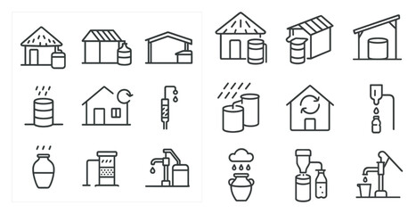 Set of icons depicting various types of buildings and water systems. The icons include a house, a barn, a shed, a water tower, a water pump, and a water tank. Scene is one of simplicity