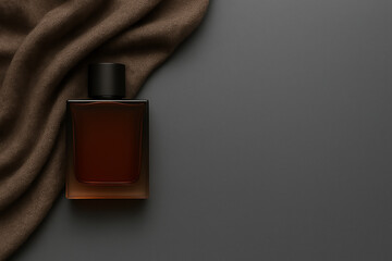Minimalist Perfume Bottle with Rich Brown Hue and Draped Fabric on Dark Surface. Close-up of a bottle of perfume