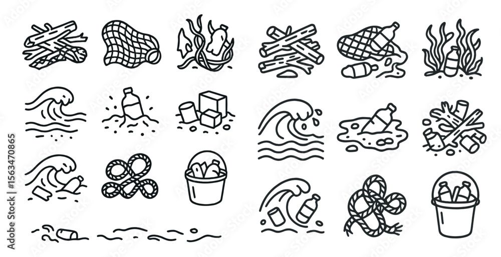 Aufkleber series of black and white icons that represent various environmental issues. the icons include a bot