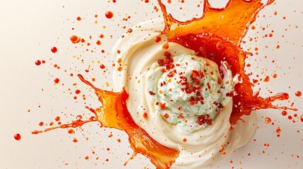 Wasabi sauce and tzatziki blending together with a creamy swirl, sweet chili sauce splashing around creating a lively, colorful scene on a neutral background