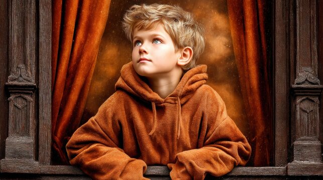 A young boy with blonde hair wearing a brown hoodie looks thoughtfully out of a wooden window frame - Powered by Adobe