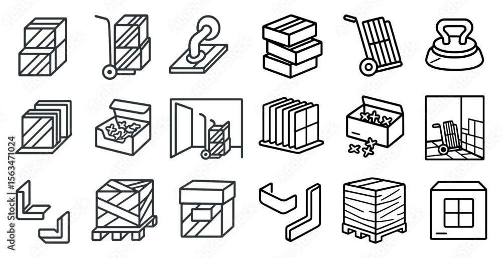 Poster series of black and white icons depicting various types of boxes and carts. the icons include a box 