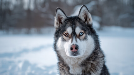 Naklejka premium Husky Dog Portrait in Snowy Landscape Blue Tint