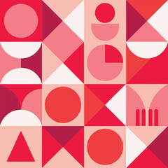Contemporary seamless pattern with simple geometric shapes in pink and red colors. Stylish abstract background in Scandinavian style for print, design, fabric. Vector illustration