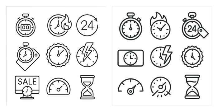 The image is a collection of various time-related icons, including clocks and other symbols. The icons are arranged in two rows, with each row containing a different set of symbols