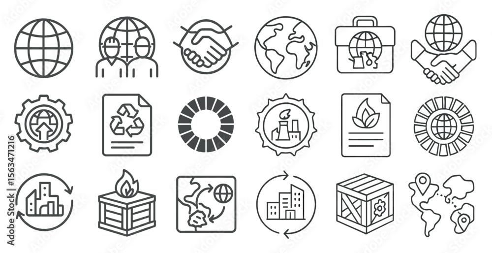 Poster collection of icons that represent different concepts such as business, finance, and sustainability.