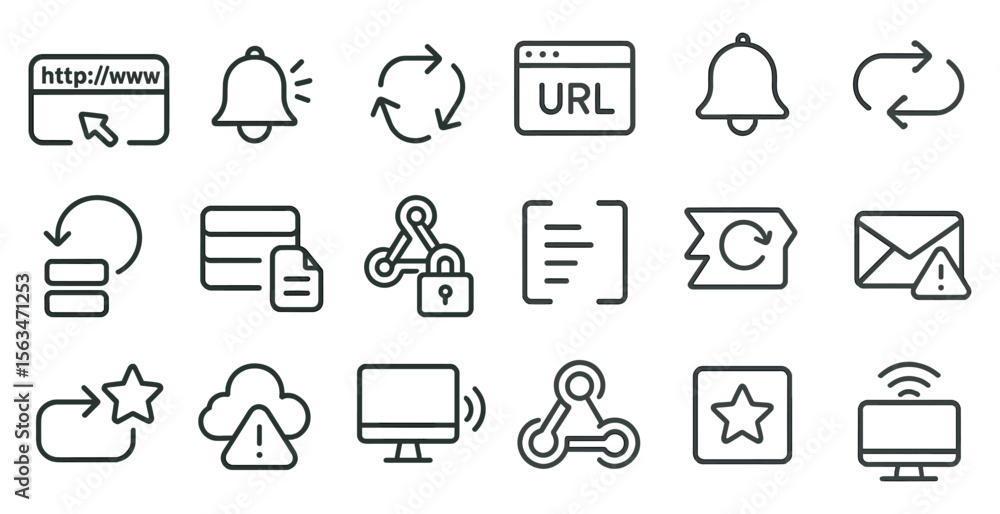 Poster set of icons for various computer functions. the icons include a bell, a star, a cloud, a keyboard, 