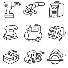 Portable Power Tools Icons. Line style icons of portable power tools: cordless drill, handheld grinder, portable welder, compact