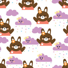 Cute hand drawing cartoon bear and rain clouds seamless pattern. cute animal pattern in white background for gift wrap paper and wallpaper