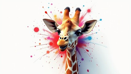A close-up portrait of a giraffe with realistic features, splashes of vibrant acrylic paint in orange, teal, pink, and yellow accenting its neck and head, white background