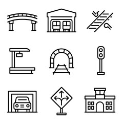 Transit Infrastructure Icons. Line style icons of transit infrastructure: overpass bridge, bus depot, rail switch, terminal