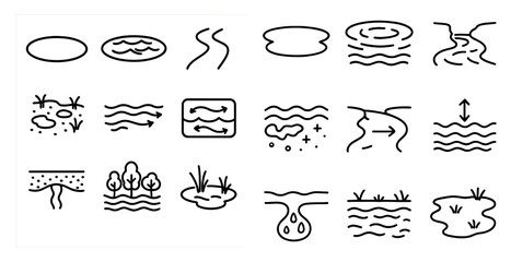 Series of water-related icons, including a river, a lake, and a pond. The icons are all drawn in a simple, stylized way, with some featuring waves and others with grass and trees