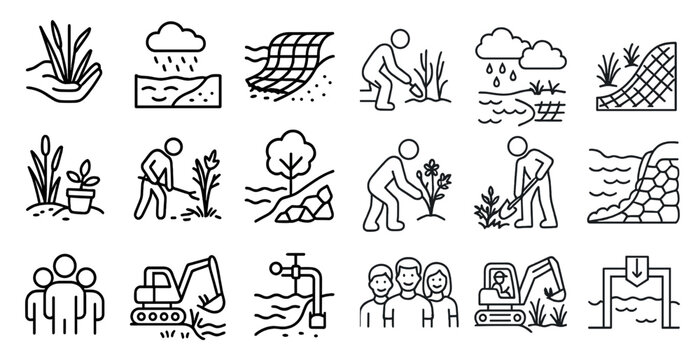 Series of black and white icons depicting various activities related to the environment. The icons include a person planting a tree, a person digging a hole, a person holding a plant