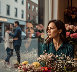 La contemplation mélancolique d'une femme, à travers la vitre de son magasin de fleurs, face à l'amour des autres et aux souvenirs d'un passé personnel
