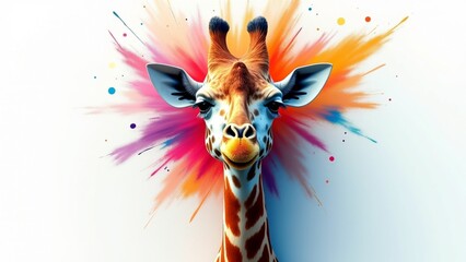 A close-up portrait of a giraffe with realistic features, splashes of vibrant acrylic paint in orange, teal, pink, and yellow accenting its neck and head, white background