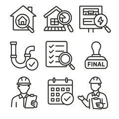 Property Inspection Icons. Line style icons of property inspections: home inspection icon, roof check, electrical inspection,