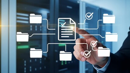 A person's finger touches a digital document on a screen, with various folder icons connected by lines, set in a server room - Powered by Adobe