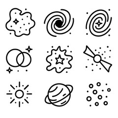 Deep Space Icons. Line style icons of deep space targets: nebula icon, black hole swirl, spiral galaxy, double star system, star