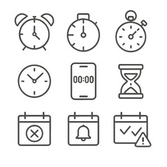 Time Management Icons. Line style icons of time management: alarm clock, countdown timer, stopwatch icon, wall clock, digital