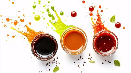 Wasabi sauce creating a neon splash, accompanied by rich hoisin sauce and sweet chili sauce exploding in vibrant colors, isolated on a white background
