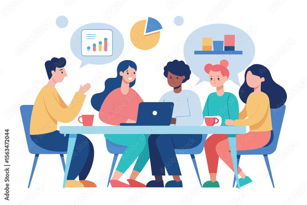 Poster diverse team collaborating on a project with charts and laptop isolated on white background