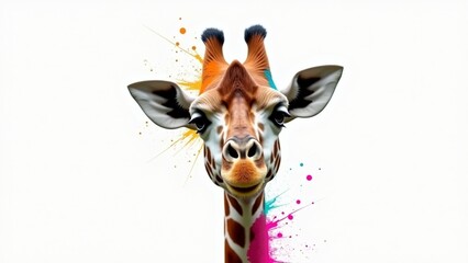 A close-up portrait of a giraffe with realistic features, splashes of vibrant acrylic paint in orange, teal, pink, and yellow accenting its neck and head, white background