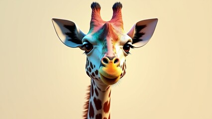 A close-up portrait of a giraffe with realistic features, splashes of vibrant acrylic paint in orange, teal, pink, and yellow accenting its neck and head, white background