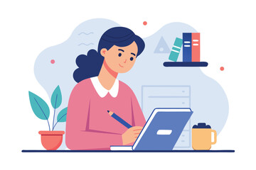 Young woman studying and writing in a notebook with a laptop and coffee mug isolated on white background