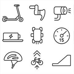 Electric Scooter Icons. Outline style icons of Electric Scooter Commuting: foldable e-scooter, thumb throttle, LED headlight, deck