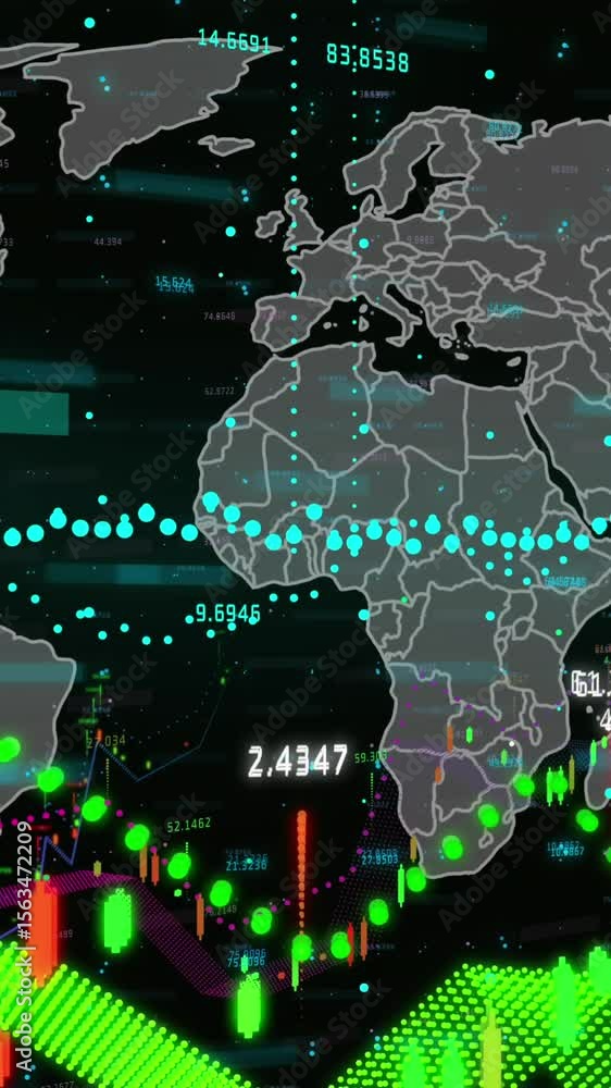 Poster animation of multiple graphs over map with changing numbers against black background